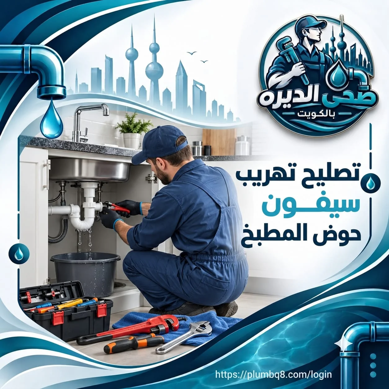 سباك يصلح تهريب سيفون حوض المطبخ وتحته سطل لتجميع الماء المتسرب