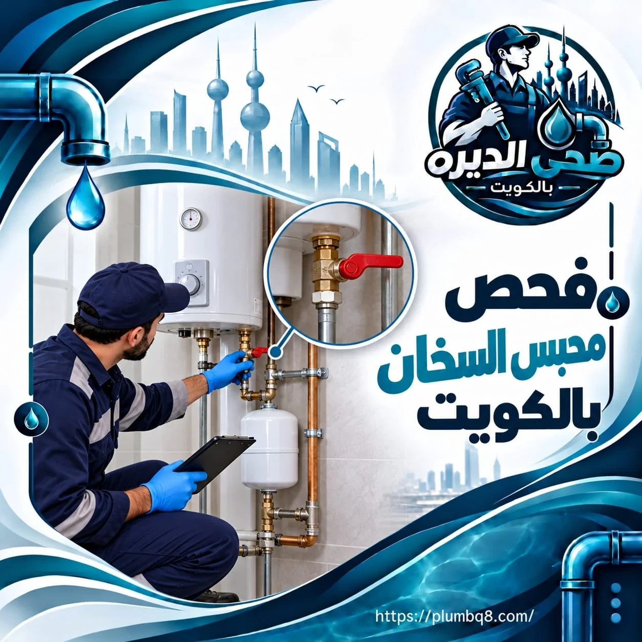 فني يفحص محبس السخان الكهربائي ويسجل الملاحظات في الكويت