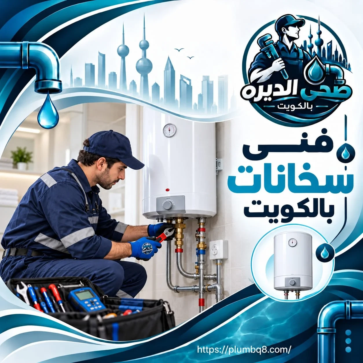 فني سخانات يركّب ويصلح وصلات سخان ماء كهربائي في حمام منزل بالكويت