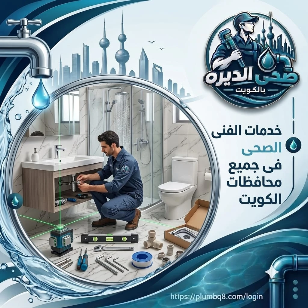 فني صحي يركب مغسلة وأطقم حمام في حمام رخامي حديث باستخدام جهاز ليزر لضبط الاستواء في جميع محافظات الكويت