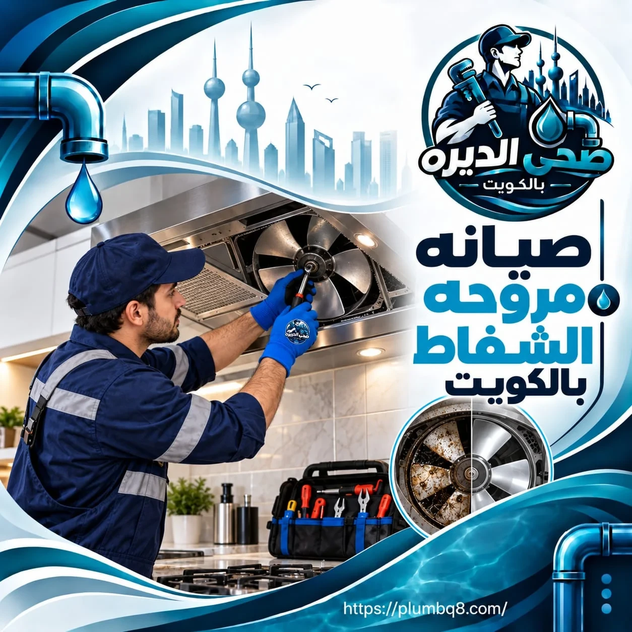 فني يصين مروحة شفاط المطبخ ويقارن المروحة قبل وبعد التنظيف في الكويت