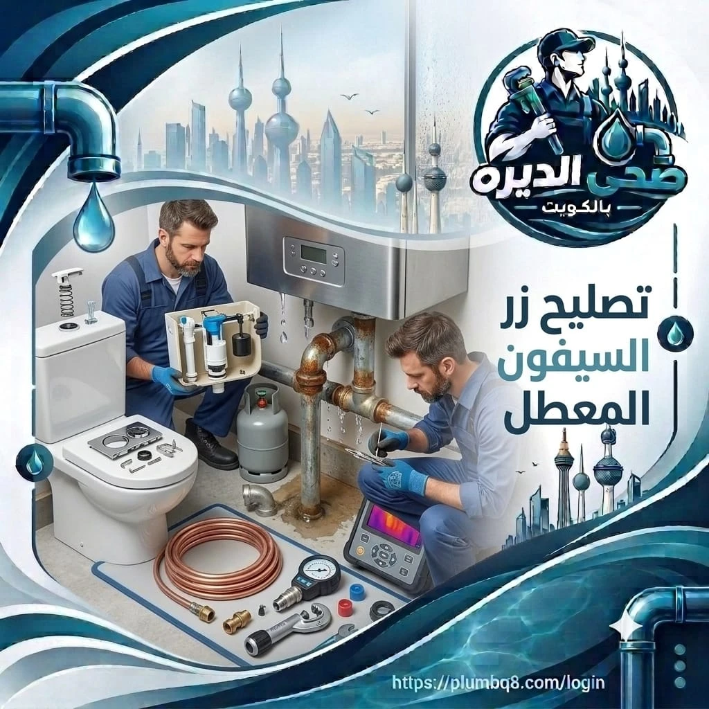 فنيان أحدهما يفحص آلية الطرد المعطلة والآخر يصلح مواسير صدئة مسربة بكاميرا حرارية في الكويت
