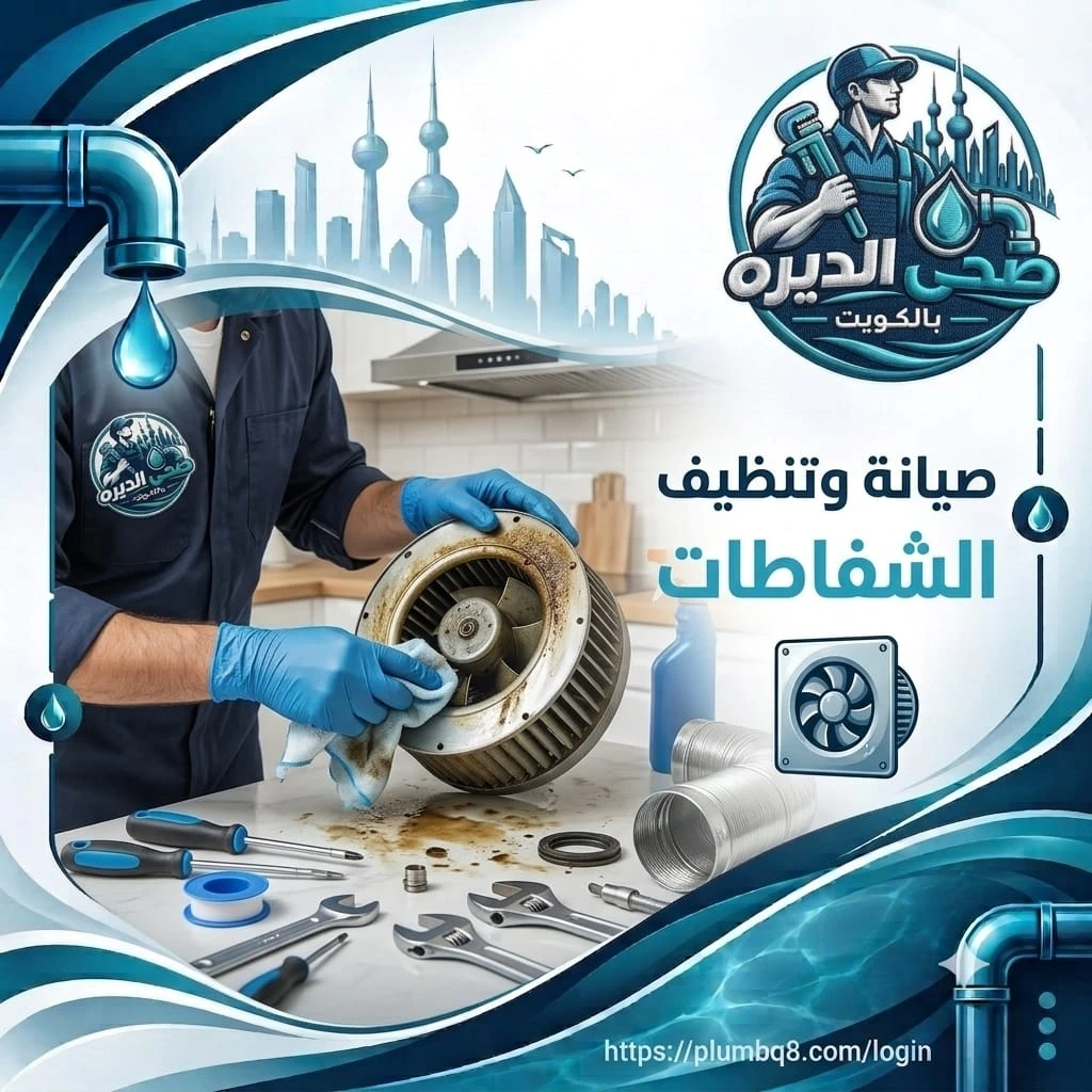 فني سباكة يرتدي قفازات زرقاء وينظف مروحة شفاط مطبخ متسخة بقطعة قماش في الكويت
