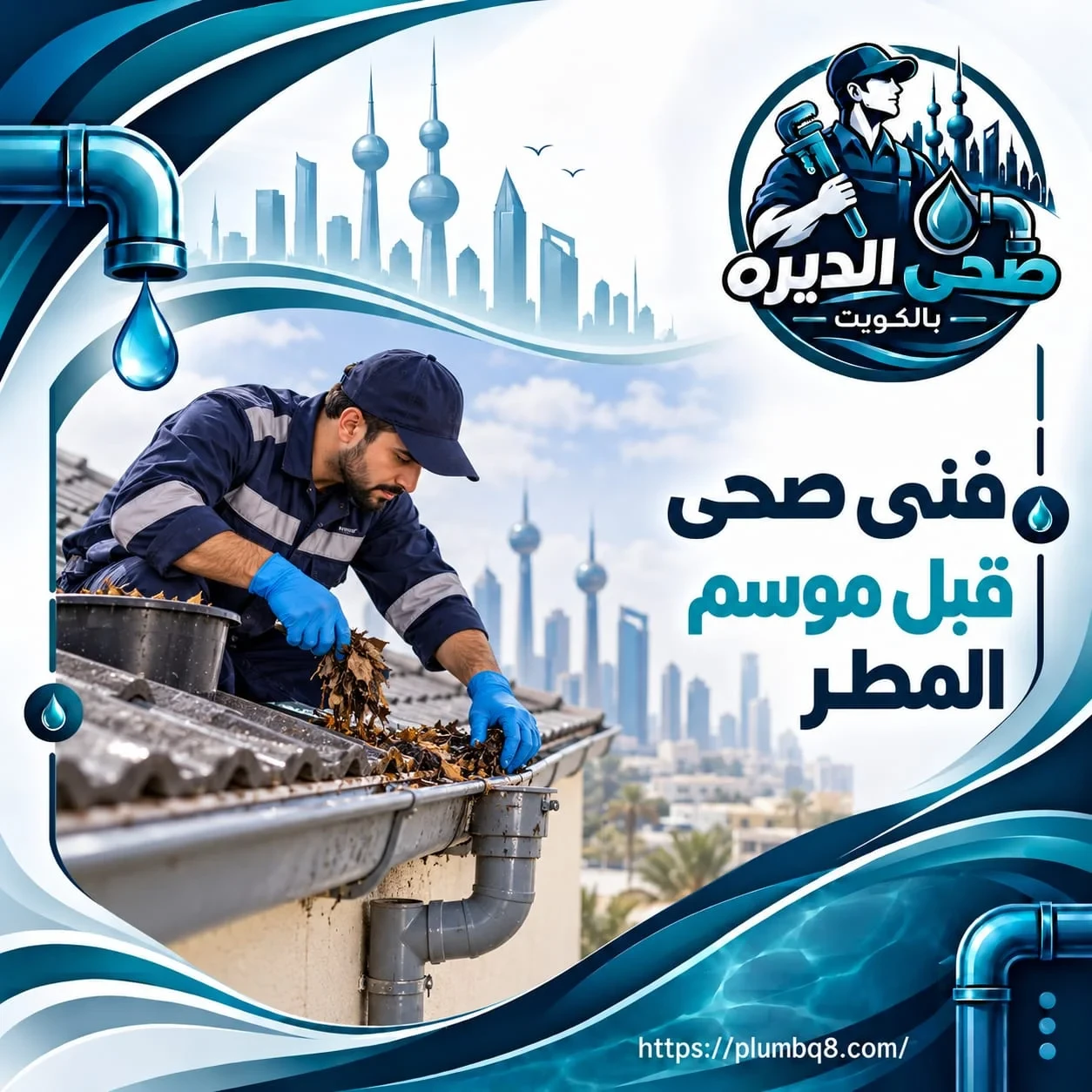فني صحي ينظف مزراب سقف المنزل وماسورة التصريف استعداداً لموسم المطر في الكويت