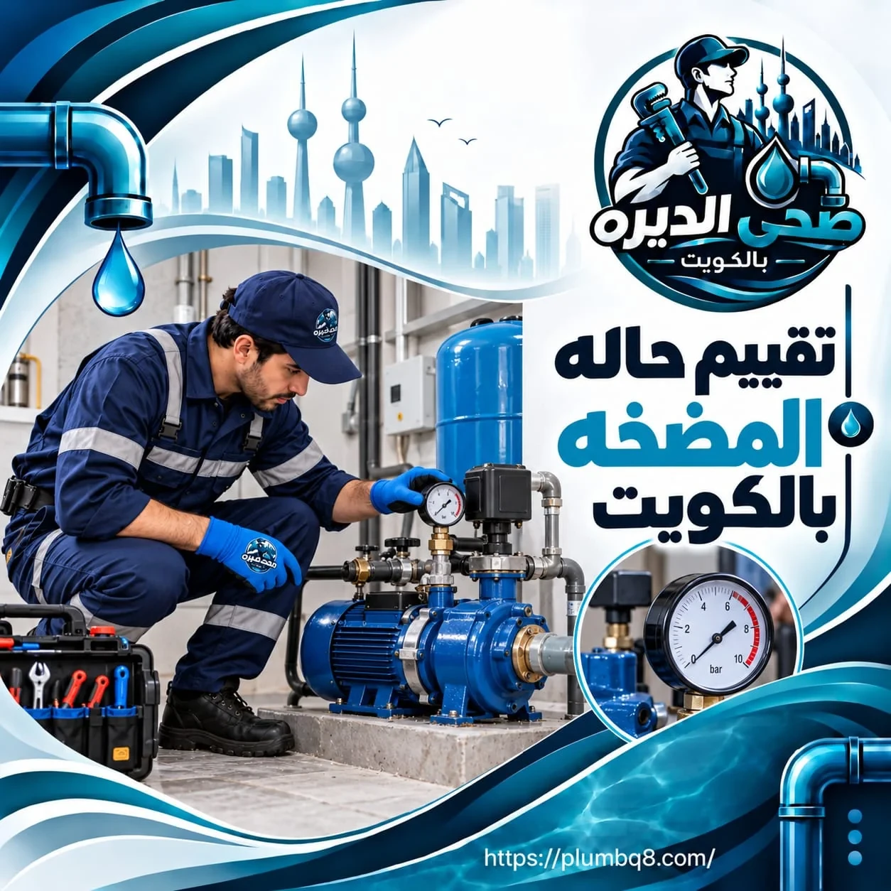 فني يقيم حالة مضخة المياه ويقرأ مقياس الضغط في الكويت