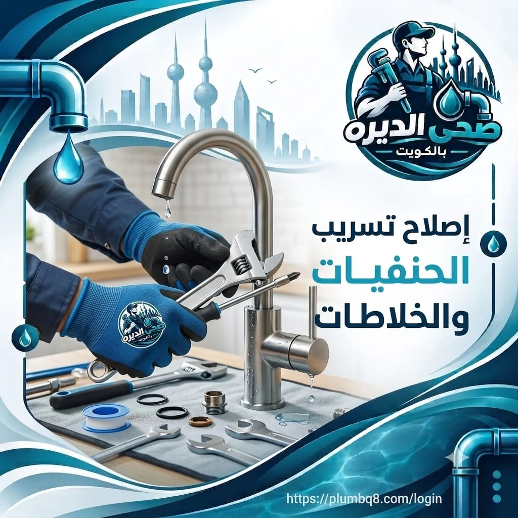 يدا فني تصلحان تسريب حنفية مطبخ بمفتاح ومفك في الكويت