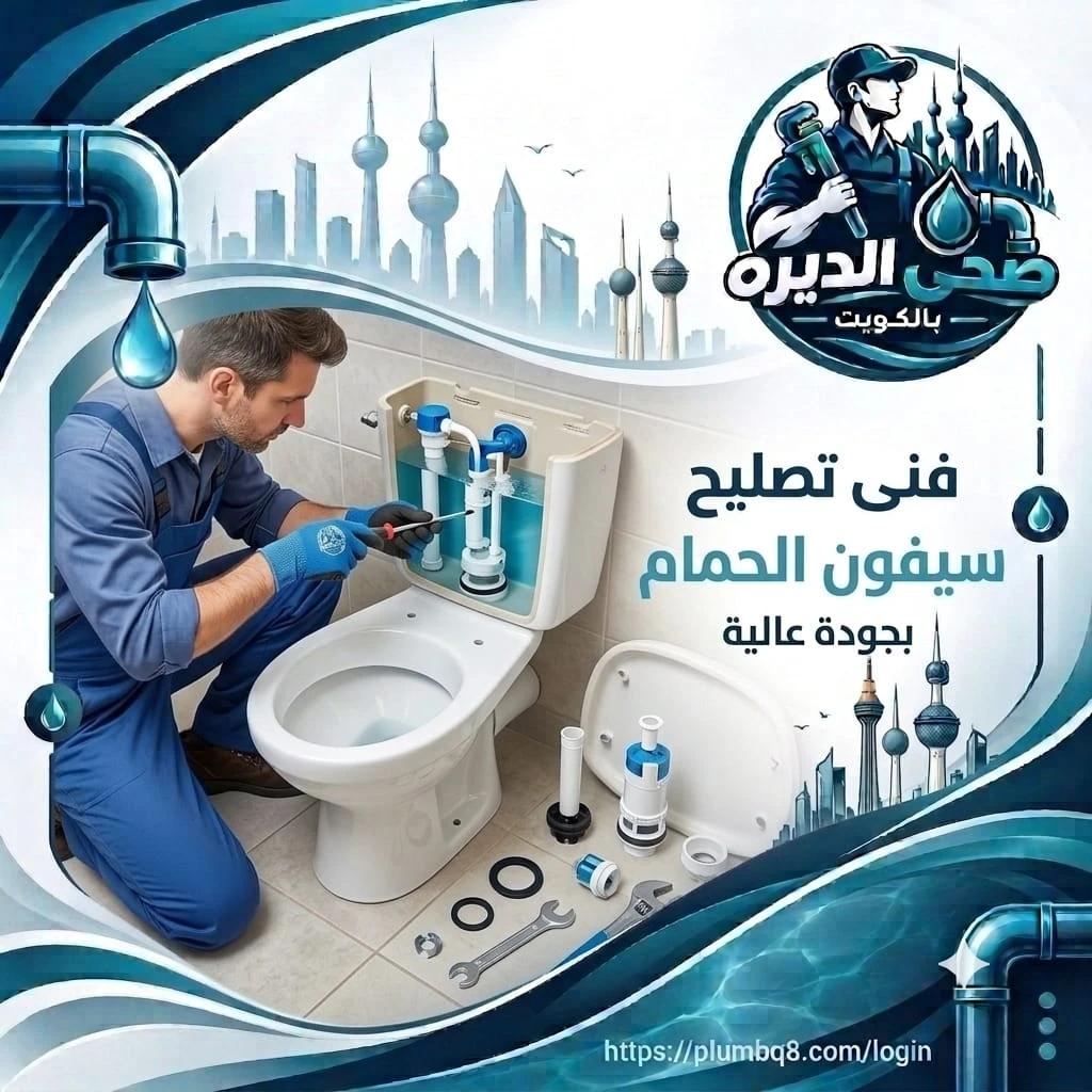 فني يصلح سيفون خزان المرحاض بمفك وبجانبه قطع الغيار والحلقات المطاطية في الكويت