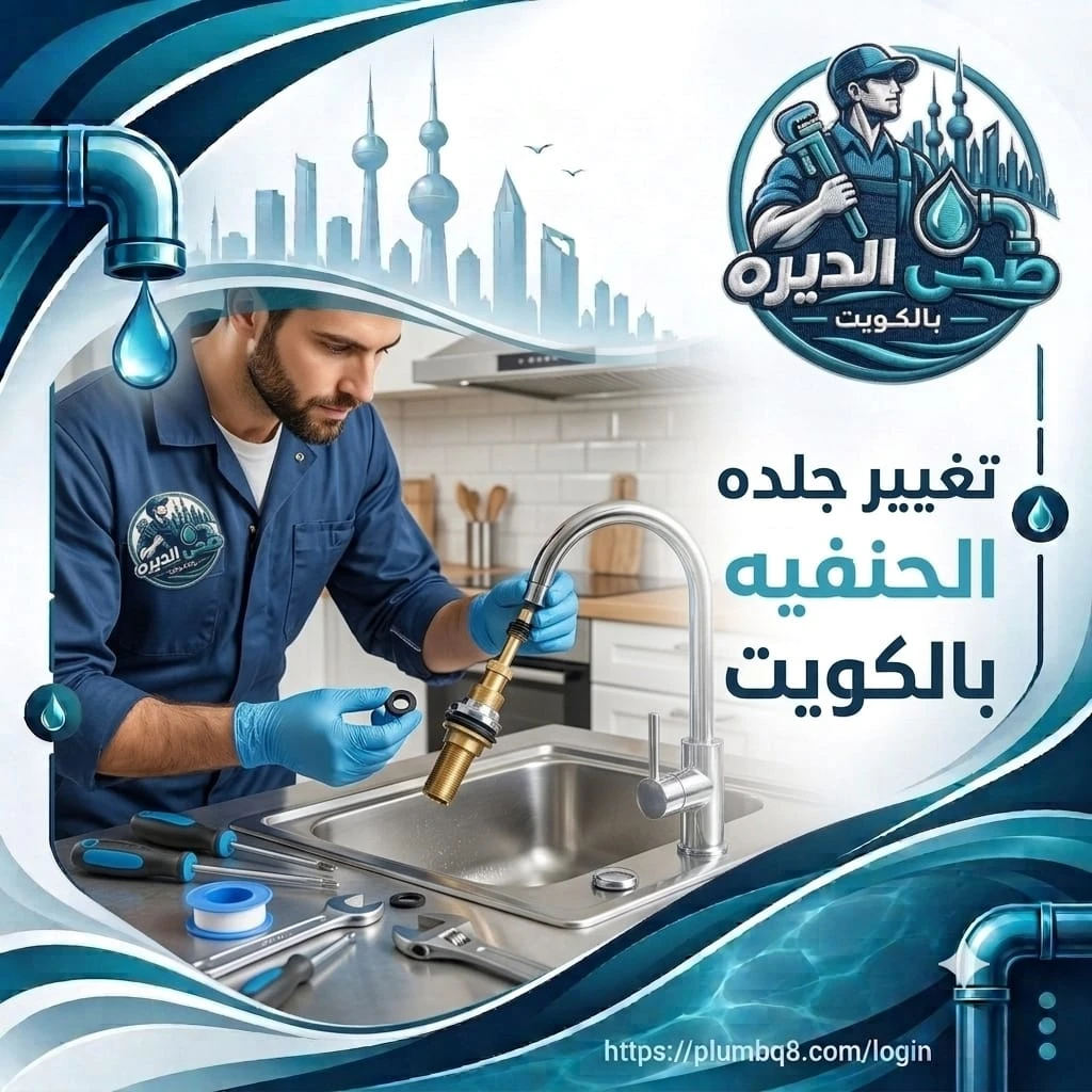 فني بقفازات زرقاء يغيّر جلدة وقطعة الحنفية لحوض مطبخ من الستانلس في الكويت
