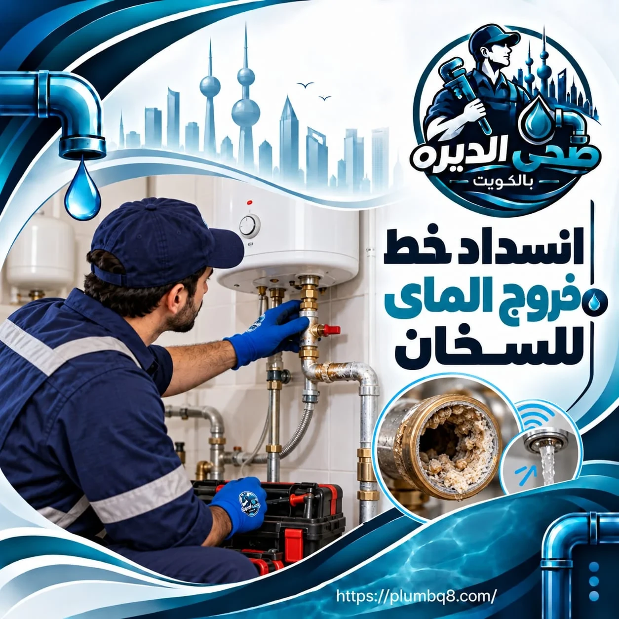 فني يعالج انسداد خط خروج الماء من السخان بسبب الترسبات الكلسية في الكويت