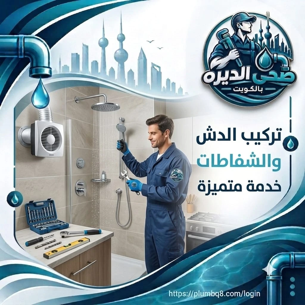 فني مبتسم يركب دش مطري وشفاط تهوية في الحمام في الكويت