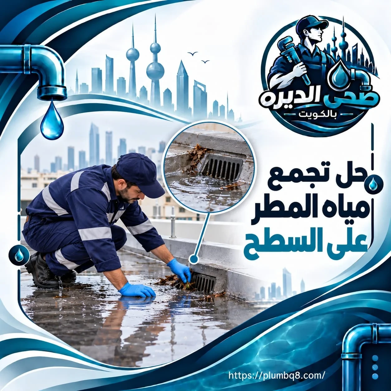 فني صحي ينظف فتحة تصريف السطح من الأوراق لحل مشكلة تجمع مياه المطر