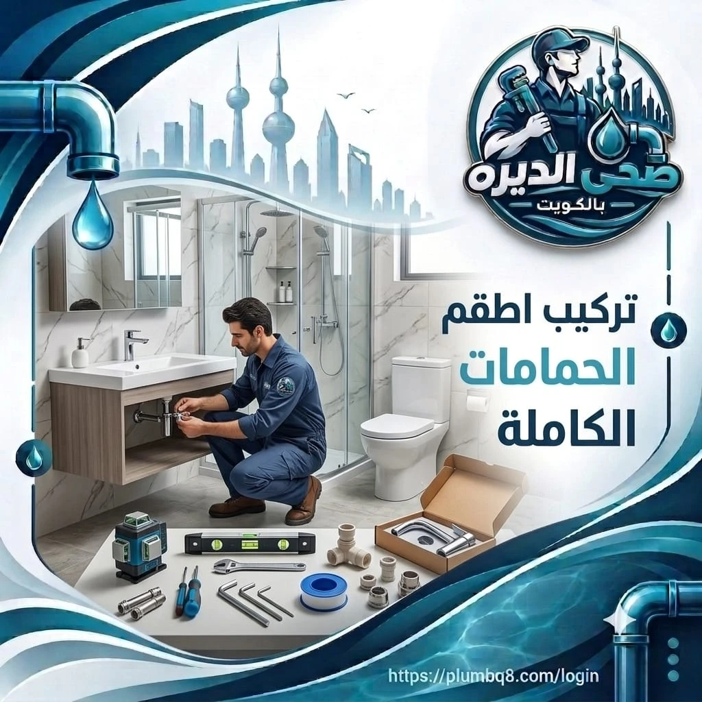 فني يركب مغسلة وأطقم حمام كاملة في حمام حديث مع دش زجاجي ومرحاض في الكويت
