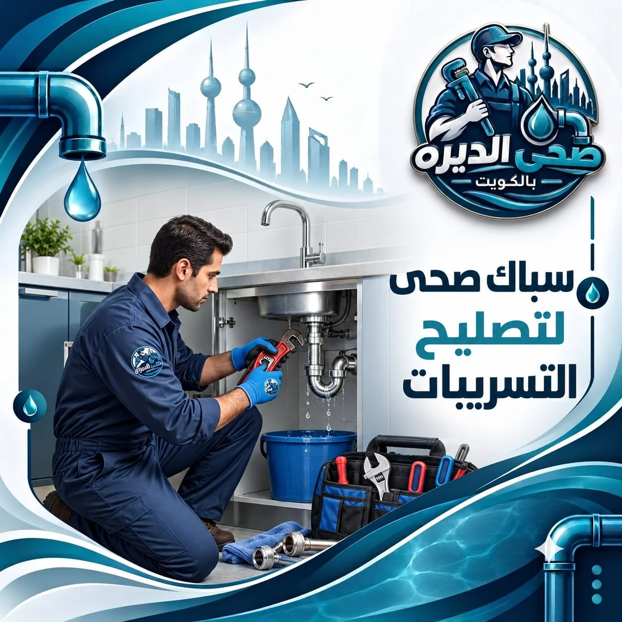 سباك صحي يستخدم مفتاح المواسير لتصليح تسريب ماسورة تحت المغسلة