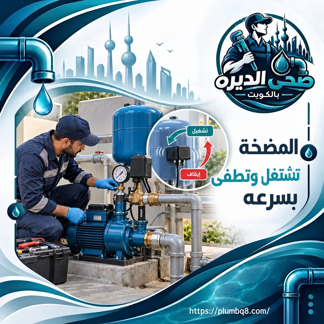 فني صحي الديرة يفحص ضغط مضخة الماء وخزان الضغط لحل مشكلة تشغيل المضخة المتكرر في الكويت