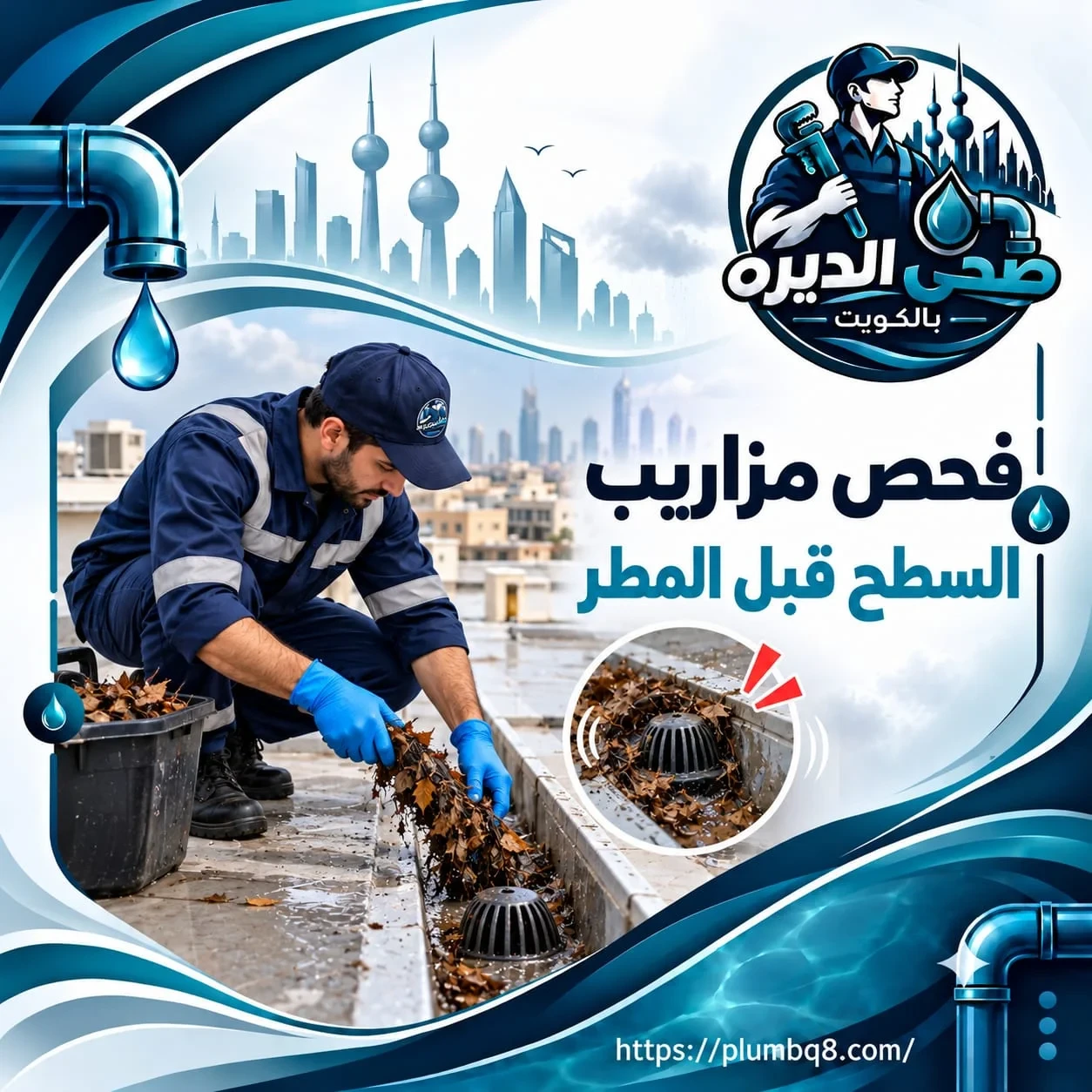 فني صحي ينظف مزراب السطح من الأوراق والمخلفات قبل موسم الأمطار