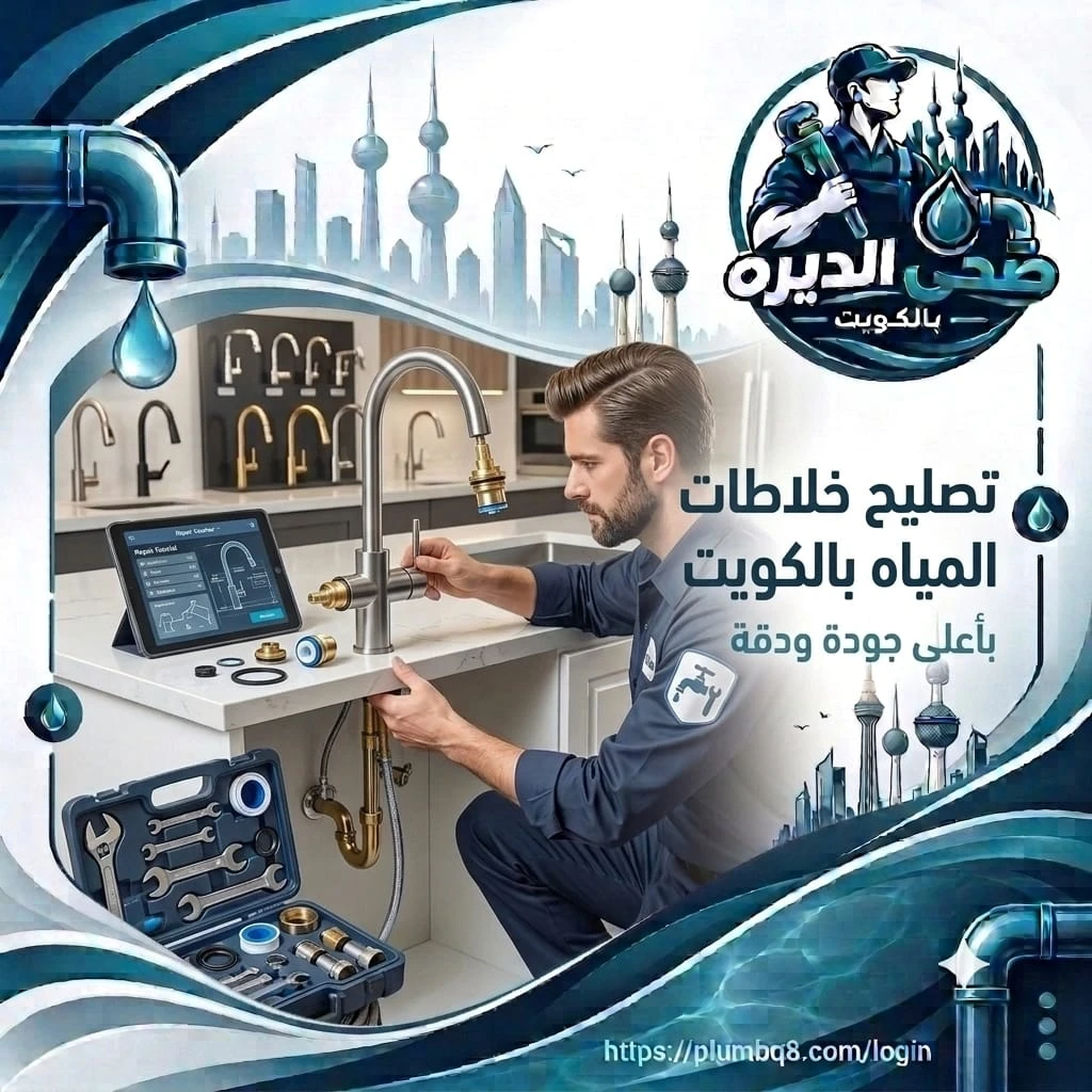 فني يصلح خلاط مياه المطبخ ومعه قطع غيار وجهاز لوحي وطقم أدوات في الكويت
