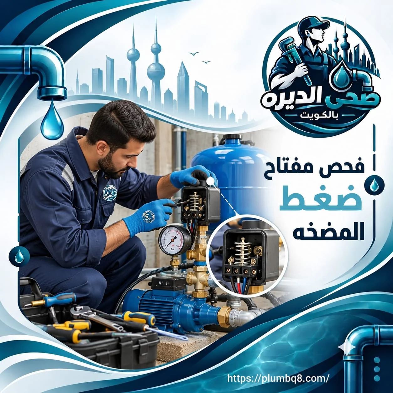 فني يفحص مفتاح ضغط مضخة المياه وأسلاكه مع عداد الضغط