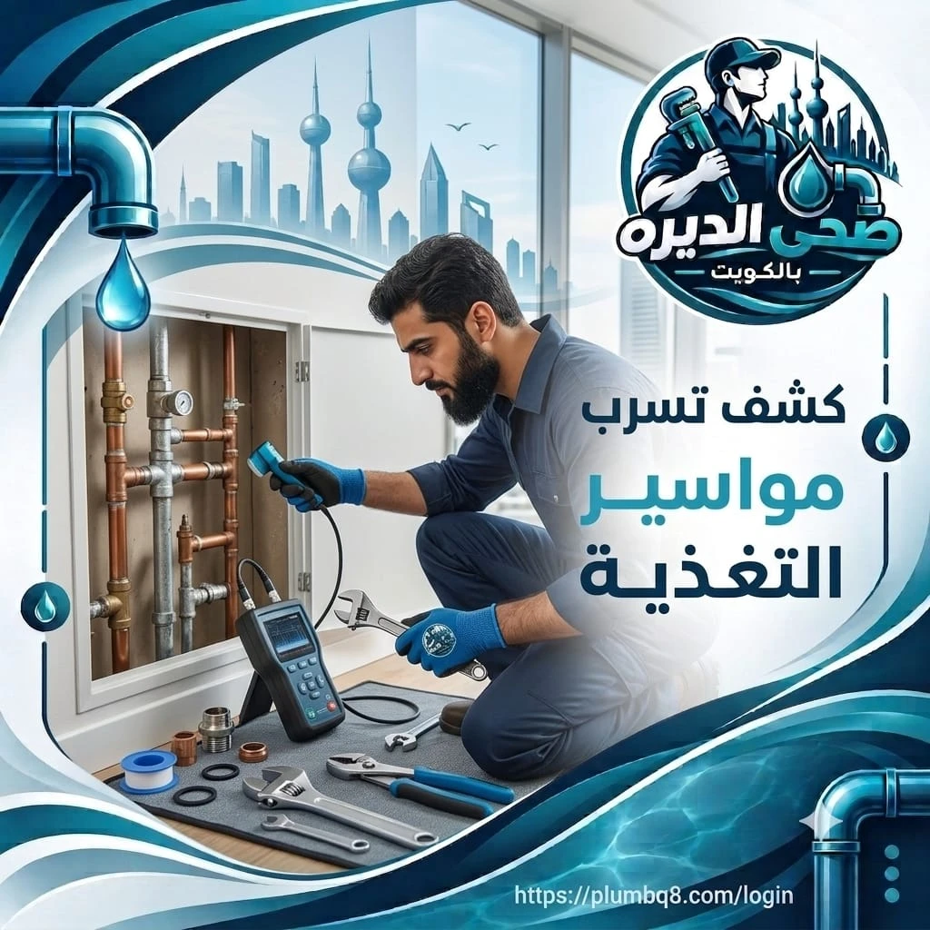 فني يستخدم جهاز كشف التسرب على مواسير التغذية داخل خزانة الصيانة في الكويت