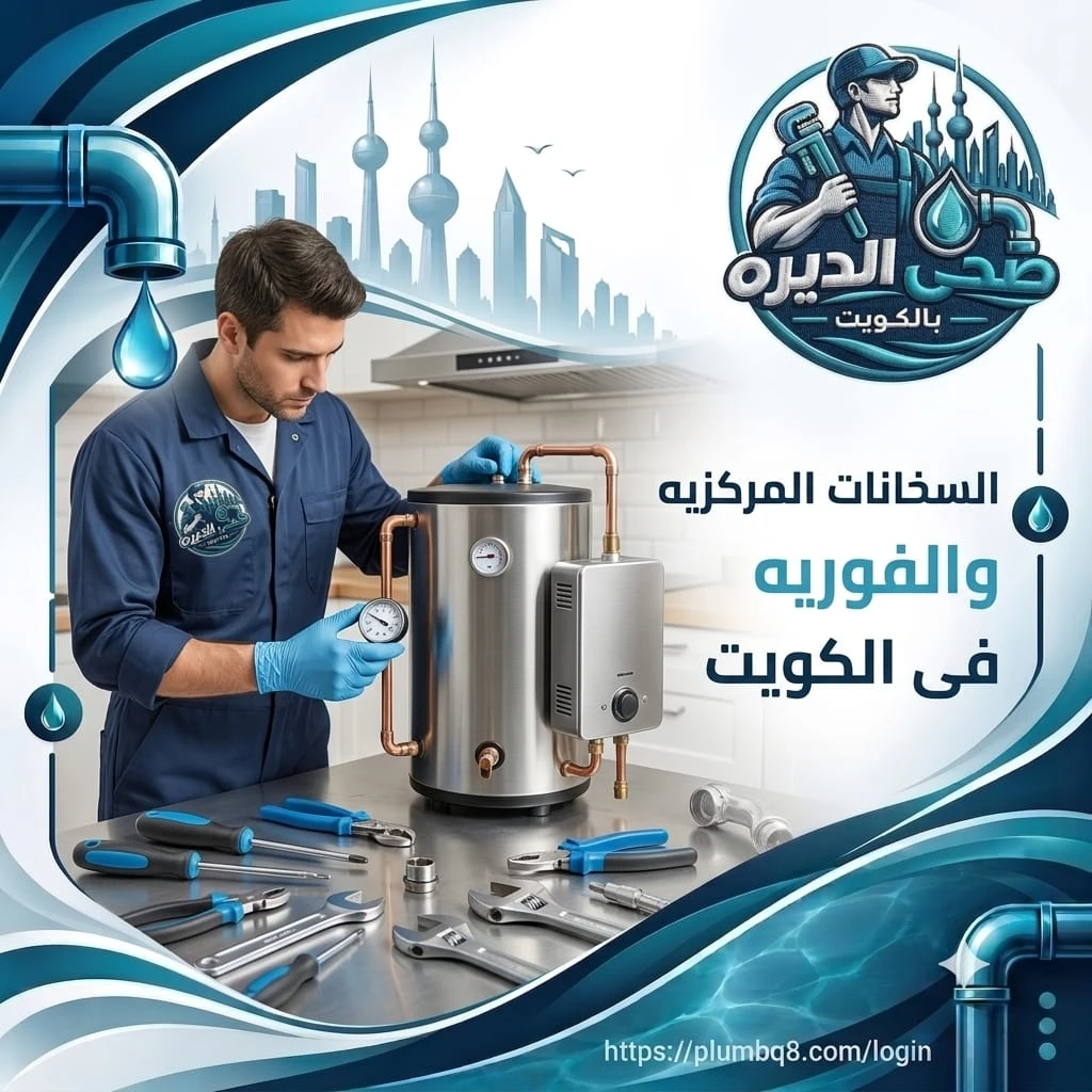 فني يفحص مقياس الضغط على سخان مياه مركزي بجانب سخان فوري وأدوات على الطاولة في الكويت