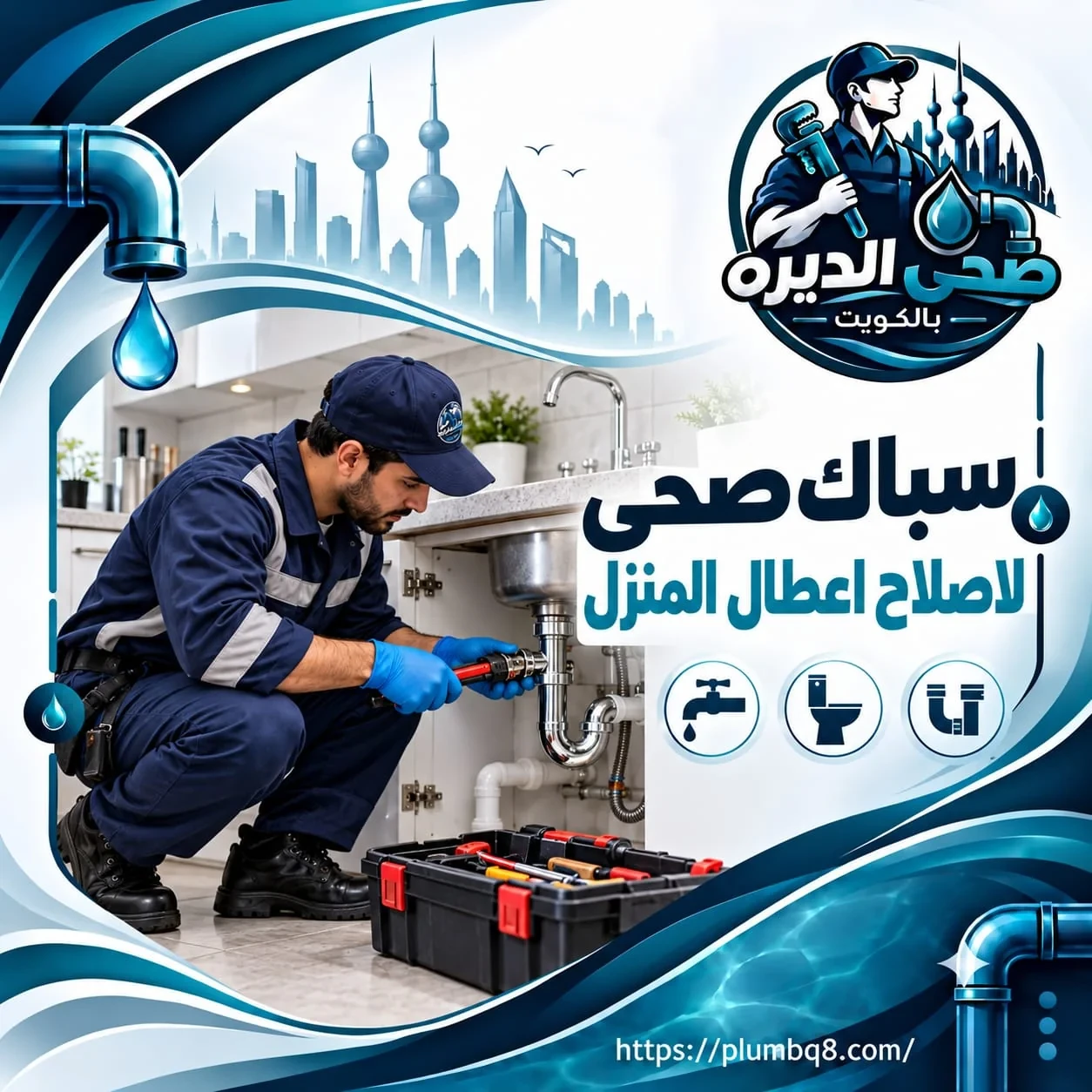 سباك صحي يصلح سيفون مغسلة المطبخ لإصلاح أعطال المنزل في الكويت
