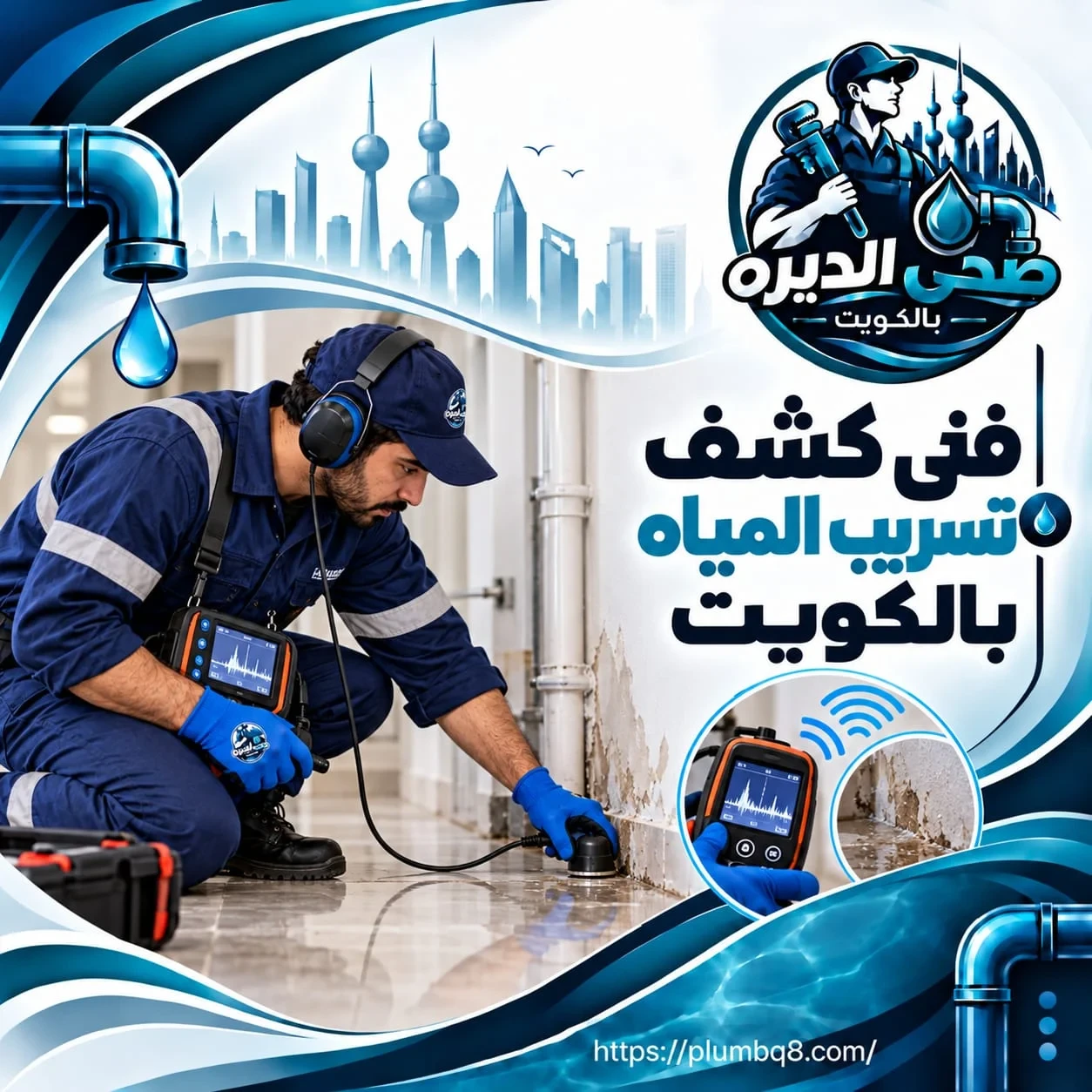 فني صحي يستخدم جهاز كشف تسريب المياه الإلكتروني على جدار متضرر من الرطوبة في الكويت