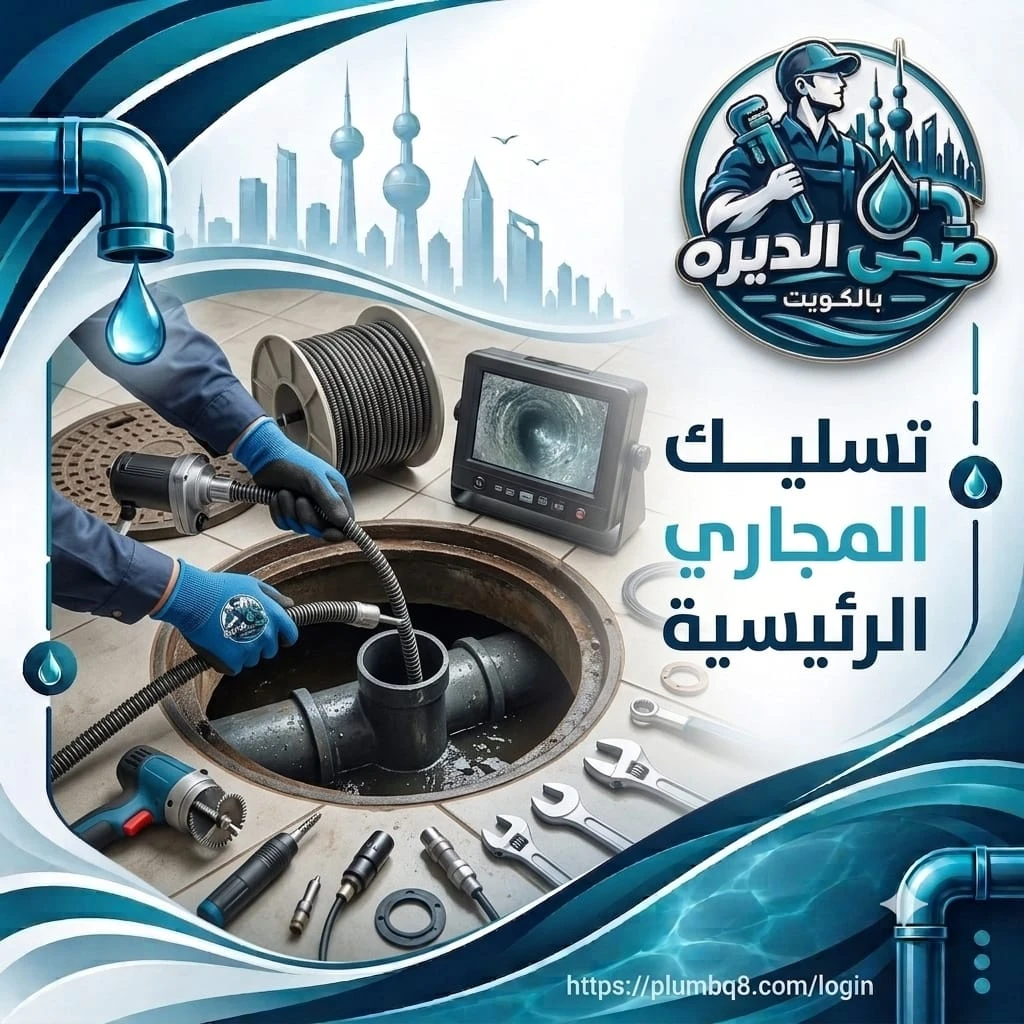 فني يمرر كابل تسليك داخل غرفة تفتيش المجاري الرئيسية مع شاشة كاميرا في الكويت