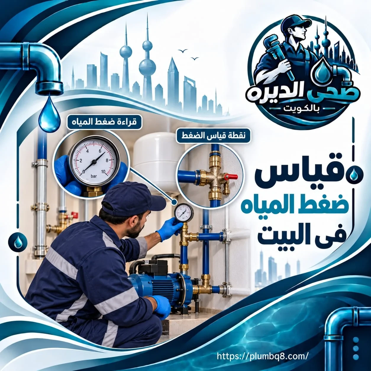 فني صحي يقيس ضغط المياه في البيت بعداد ضغط مركّب على خط المضخة