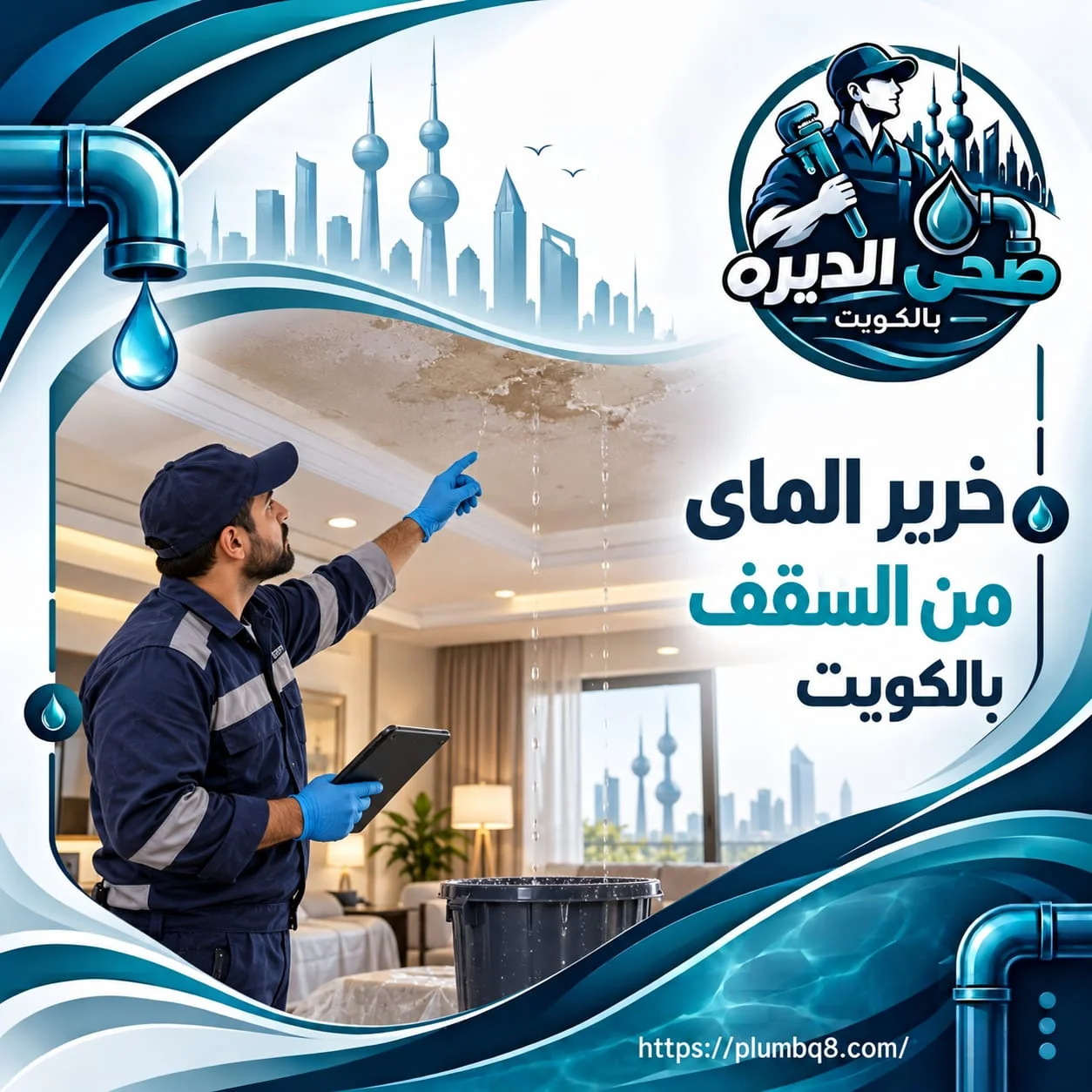 فني صحي يفحص خرير الماي من السقف داخل منزل بالكويت