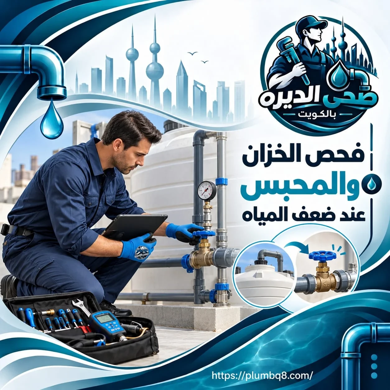 فني صحي يفحص خزان المياه والمحبس الرئيسي على السطح لمعرفة سبب ضعف المياه