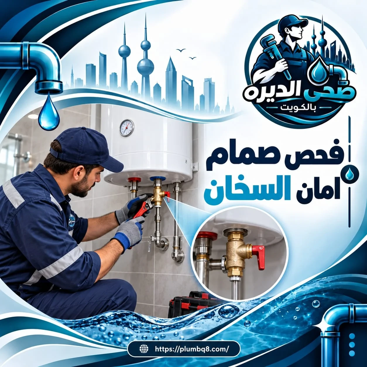 فني صحي يفحص صمام الأمان النحاسي أسفل سخان الماء باستخدام مفتاح ربط
