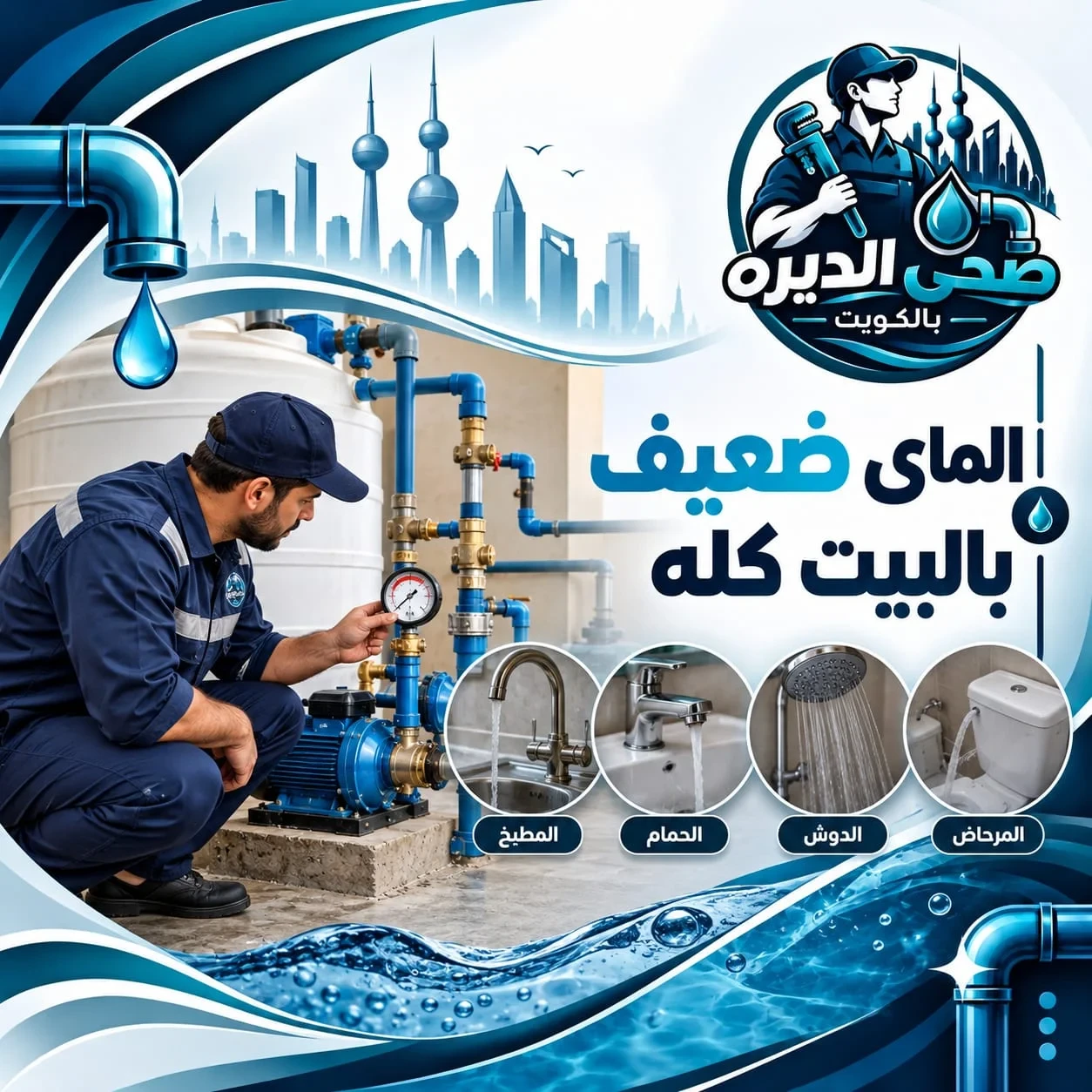 فني صحي يفحص المضخة والضغط لحل ضعف المياه في المطبخ والحمام والدوش والمرحاض