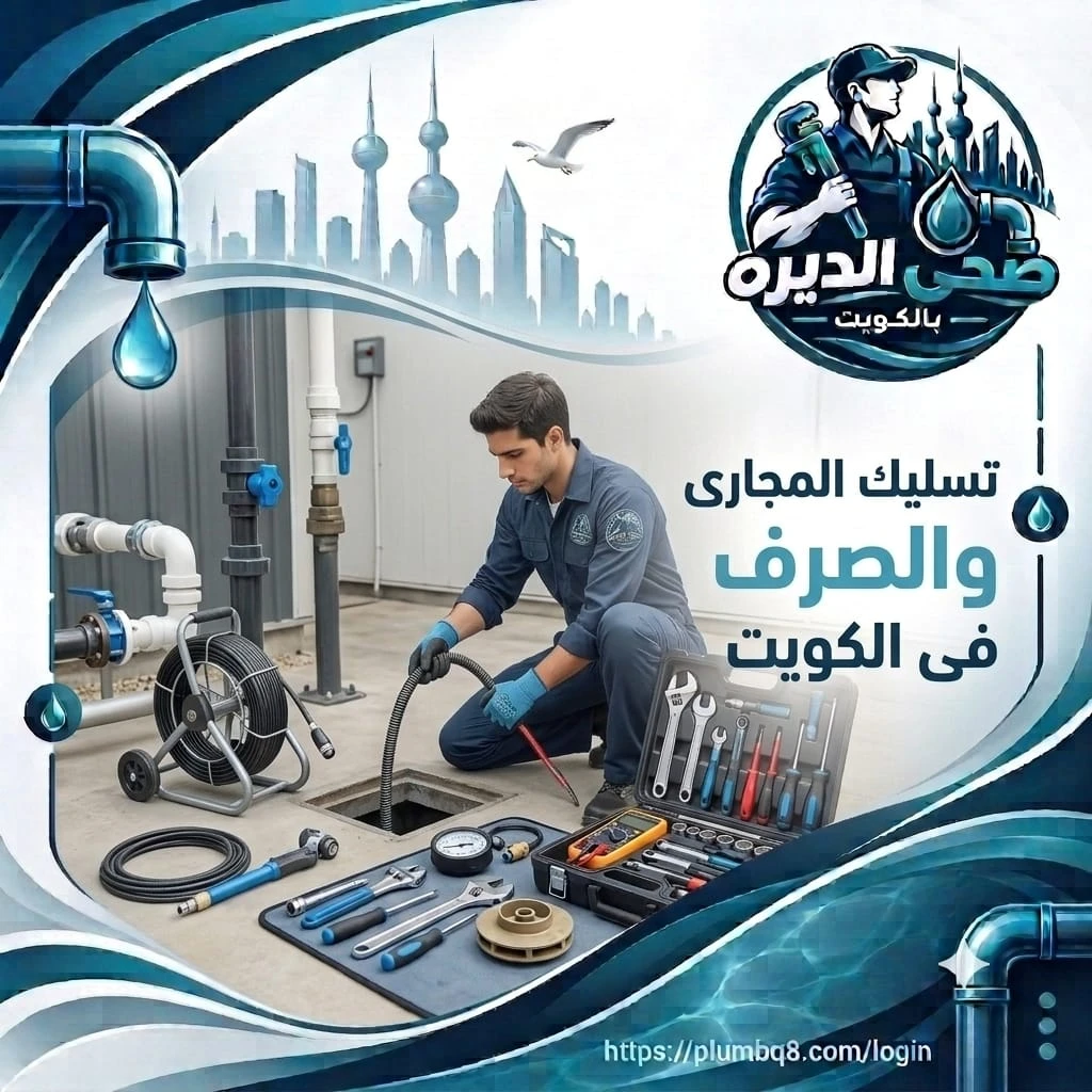 فني يمرر كابل تسليك داخل فتحة الصرف مع بكرة كابل وطقم أدوات في الكويت