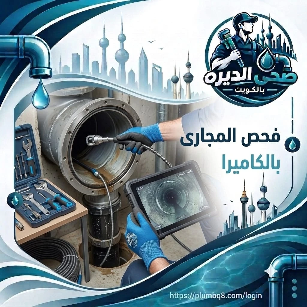فني يفحص أنبوب مجاري كبيراً بكاميرا فحص مع شاشة عرض في الكويت
