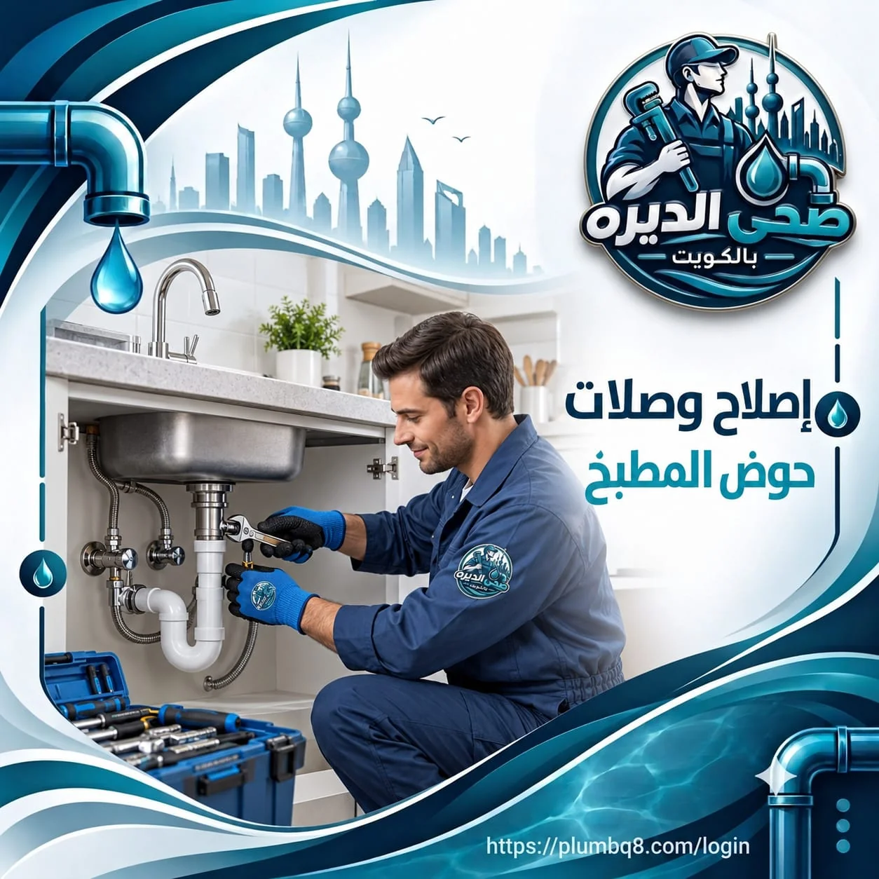 سباك يربط ويصلح وصلات مواسير حوض المطبخ بمفتاح ربط