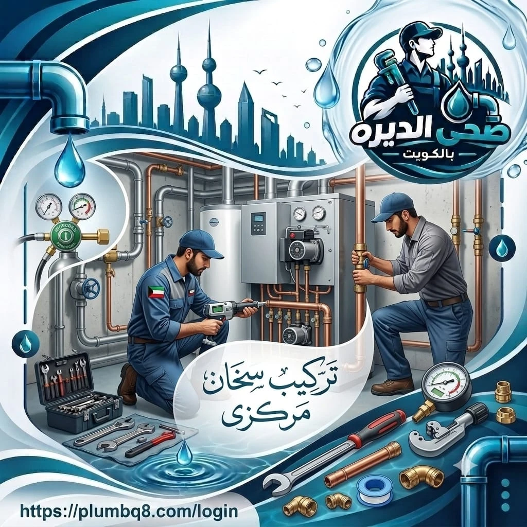 فنيان يركبان سخاناً مركزياً ومواسير نحاسية في غرفة ميكانيكية في الكويت