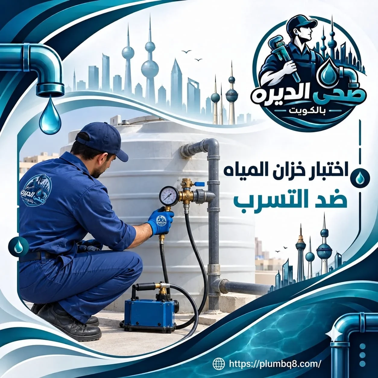 فني يختبر خزان المياه ضد التسرب بجهاز قياس الضغط على السطح في الكويت