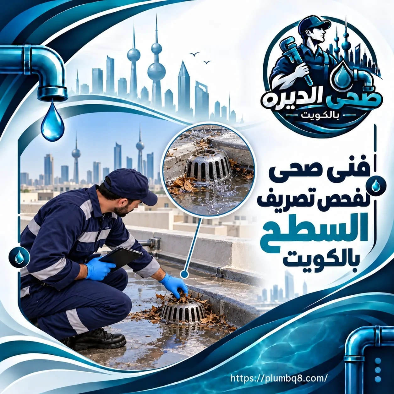 فني صحي يفحص مصرف سطح معدني مسدود بالأوراق على سطح مبنى في الكويت