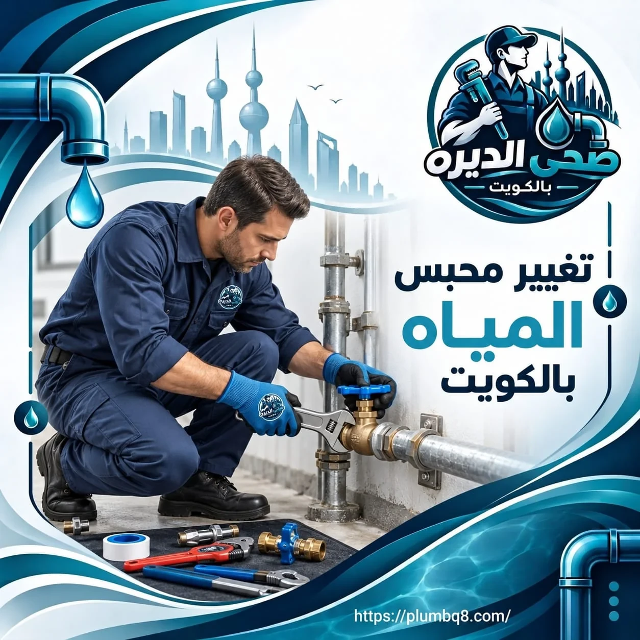 فني سباكة يغير محبس المياه الرئيسي على خط المواسير في الكويت