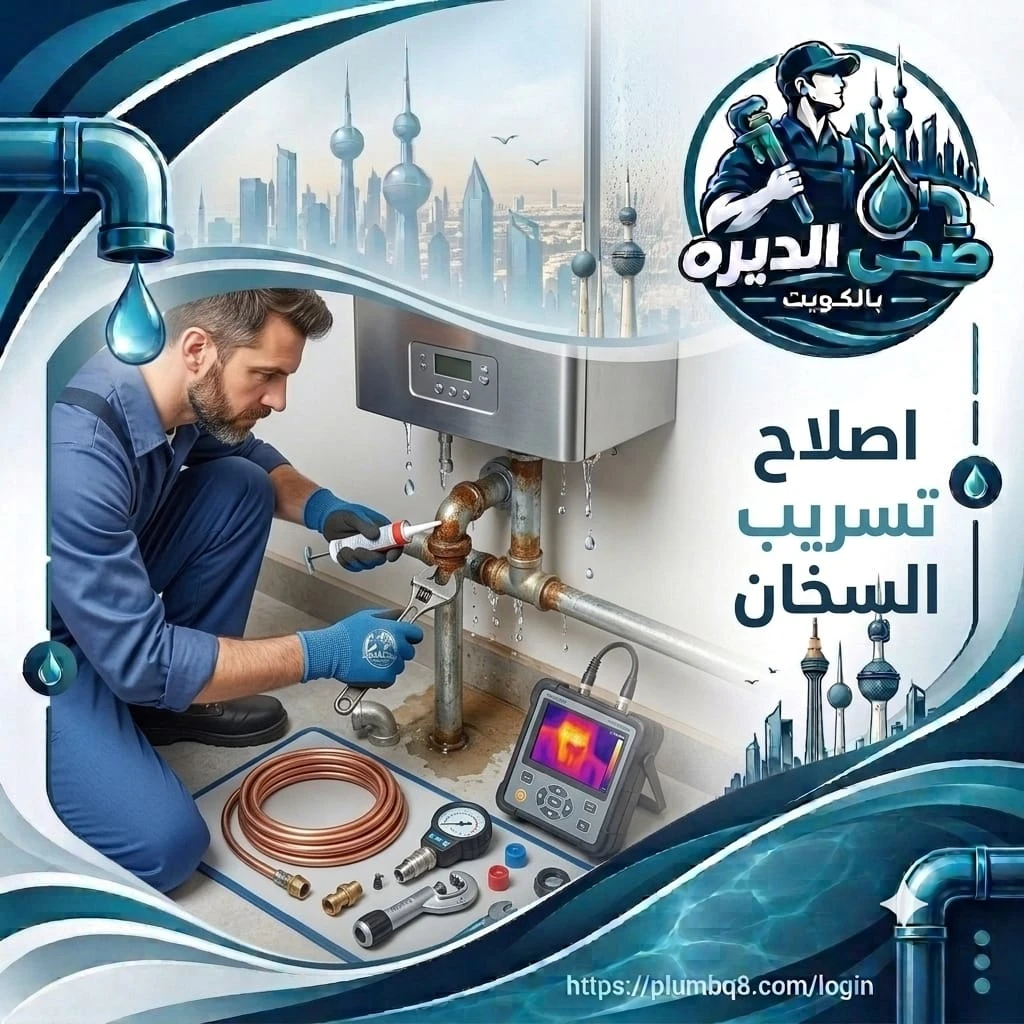فني يصلح تسريب مواسير صدئة أسفل سخان مياه بمفتاح ومعجون عزل في الكويت