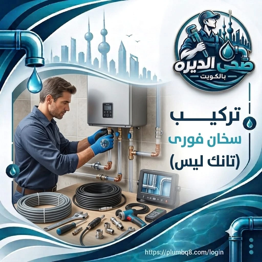 فني يركب سخان مياه فوري بدون خزان على الحائط في الكويت