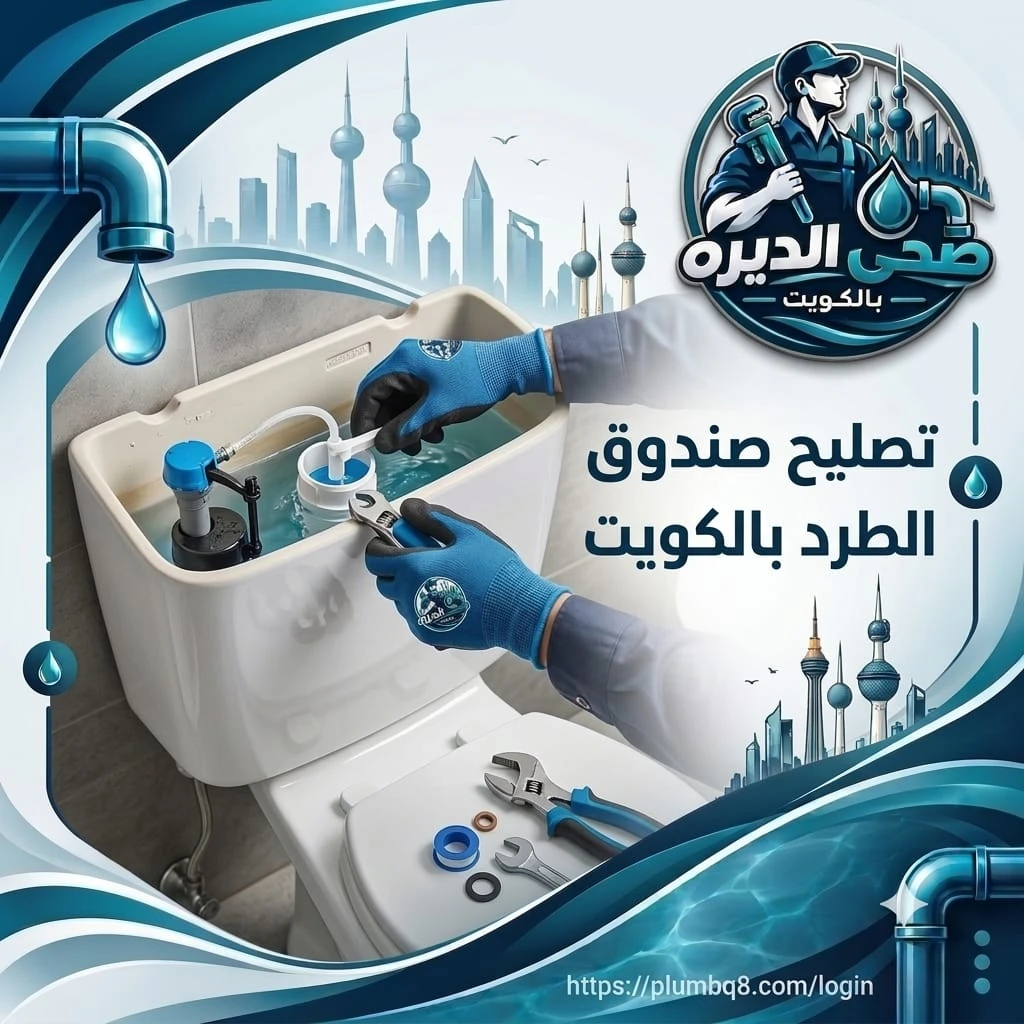 يدا فني بقفازات زرقاء تصلحان قطع صندوق الطرد داخل خزان المرحاض بمفتاح في الكويت