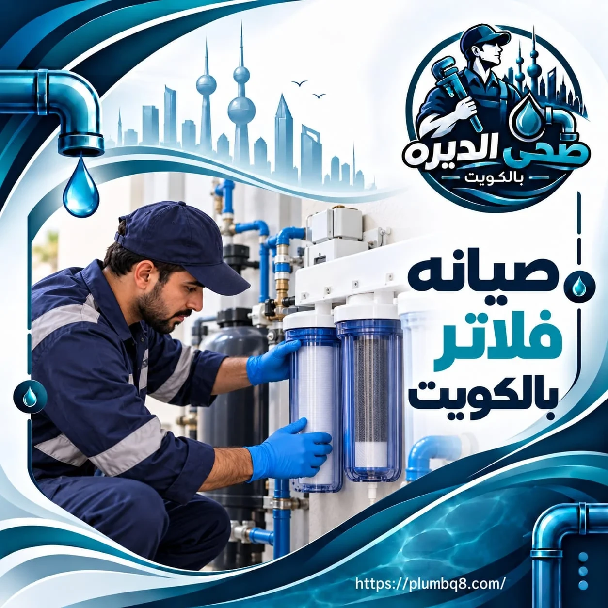 فني يغير شمعات فلاتر الماء أثناء الصيانة في الكويت