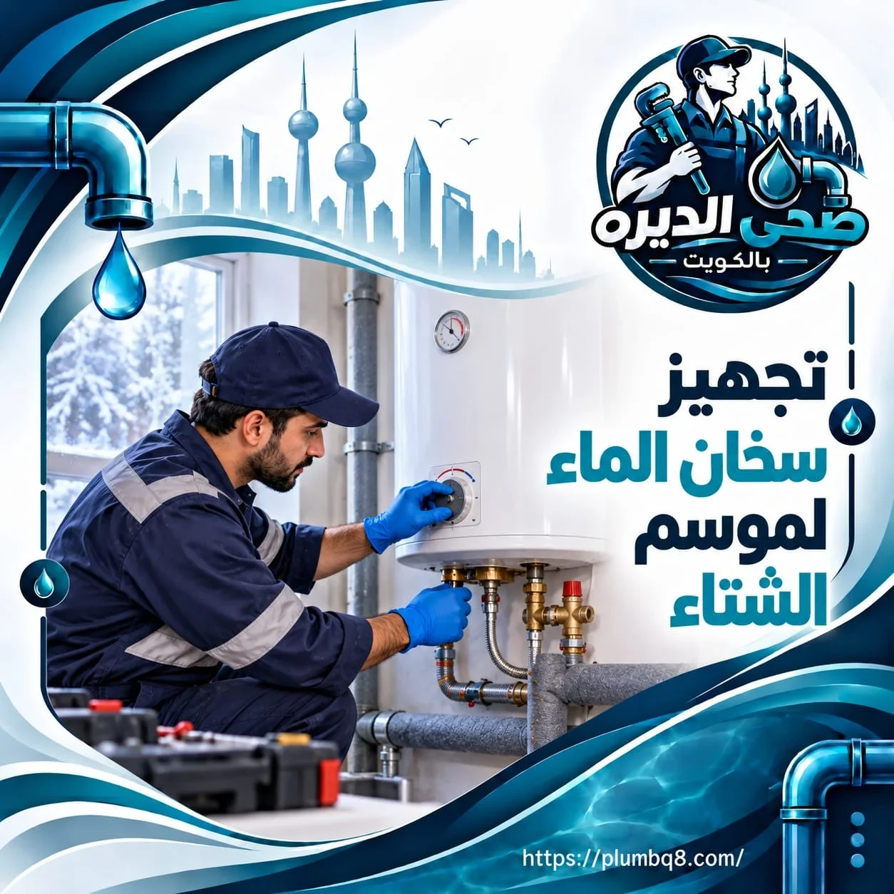 فني صحي يضبط ترموستات سخان الماء ويفحص وصلاته استعداداً لموسم الشتاء