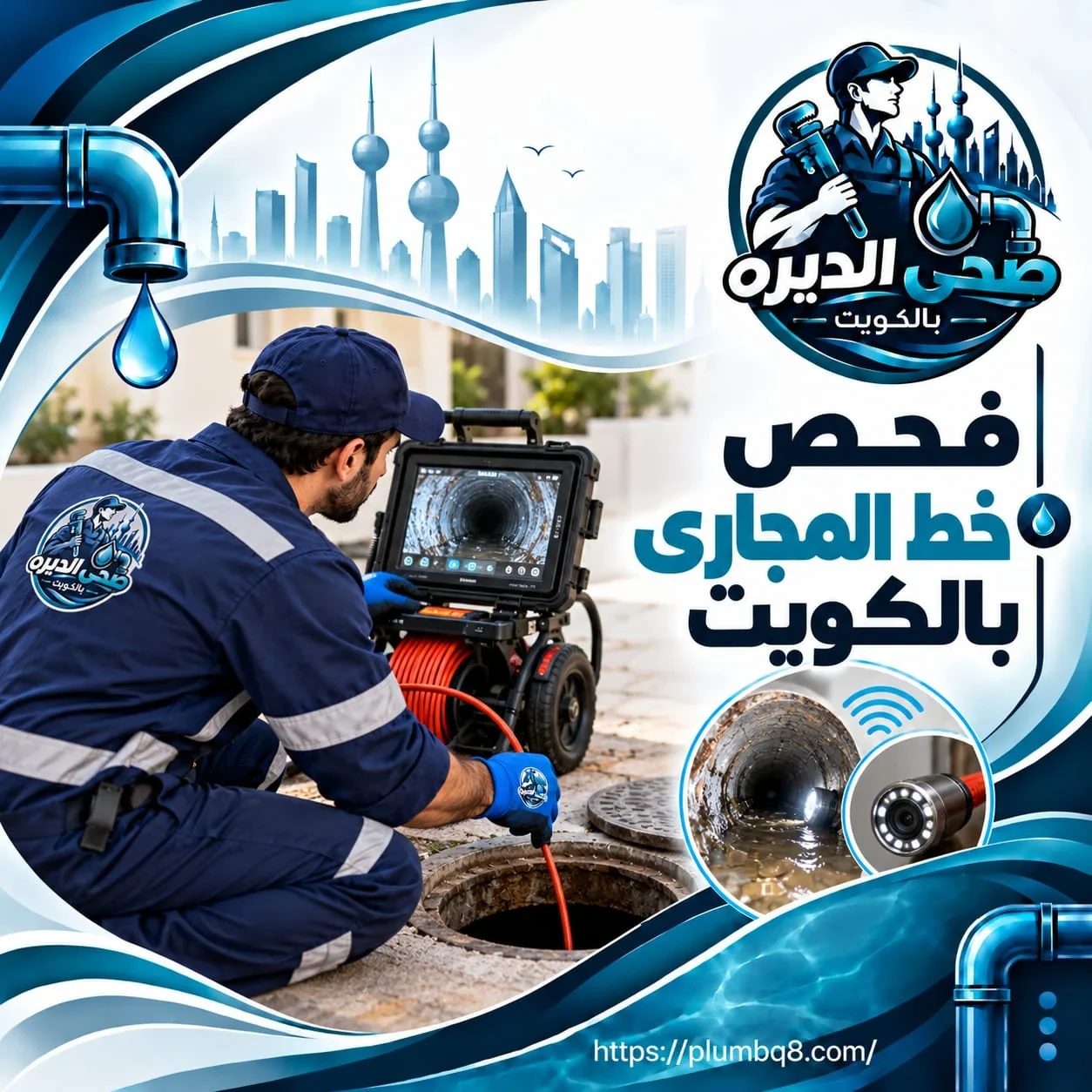 فني يفحص خط المجاري بالكاميرا ويتابع الصورة على الشاشة في الكويت