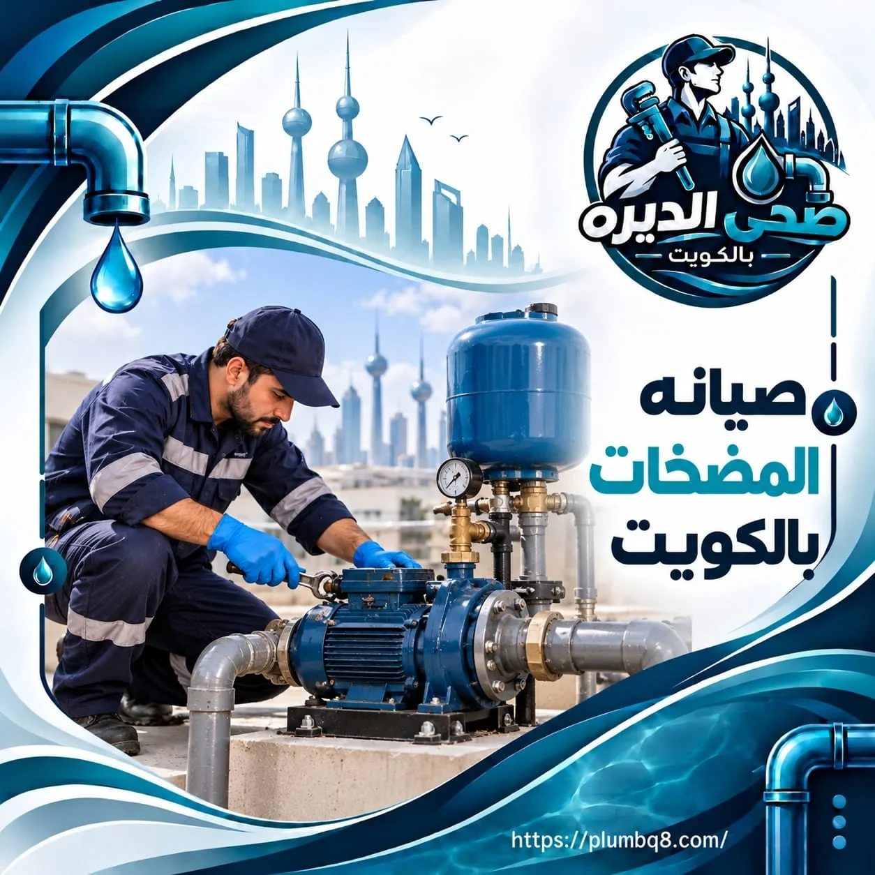 فني صحي الديرة يجري صيانة مضخة المياه وخزان الضغط على السطح في الكويت