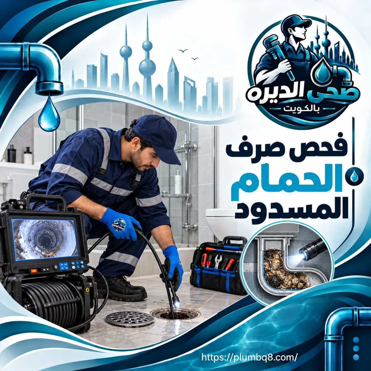 فني صحي يفحص صرف الحمام المسدود بكاميرا تصوير المجاري لتحديد مكان الانسداد