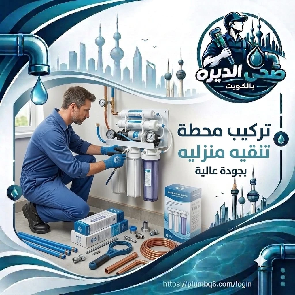 فني يركب محطة تنقية مياه منزلية على الحائط مع مواسير نحاسية وعبوات فلاتر في الكويت