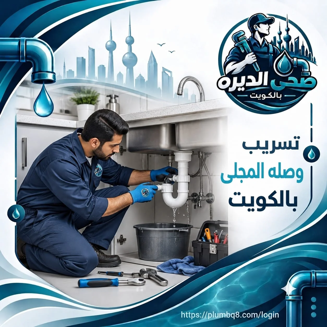 سباك يصلح تسريب وصلة المجلى البلاستيكية تحت حوض المطبخ في الكويت