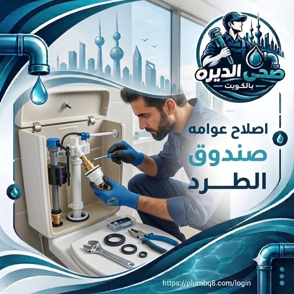 فني يصلح عوامة صندوق الطرد بمفك ومعه حلقات مطاطية وكماشة في الكويت
