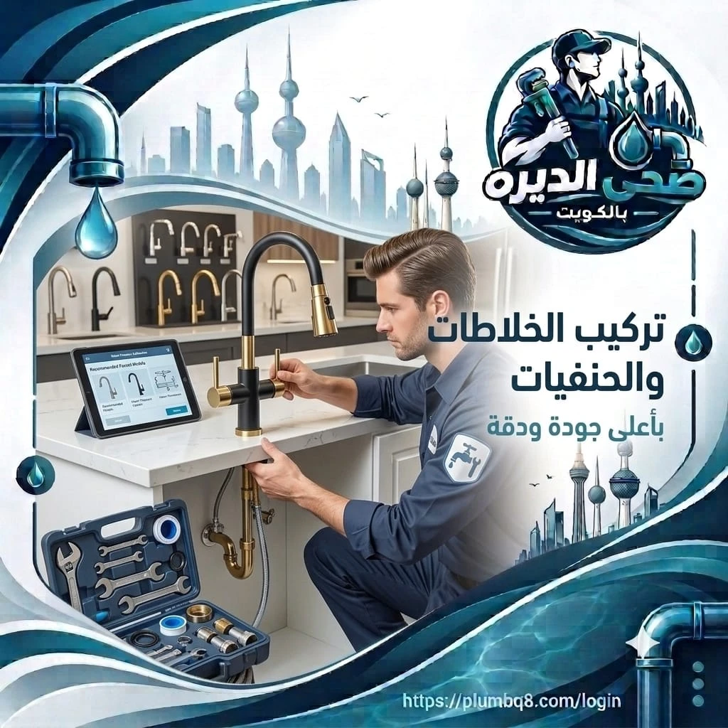 فني يركب خلاط مطبخ أسود بلمسات ذهبية فوق الحوض في الكويت